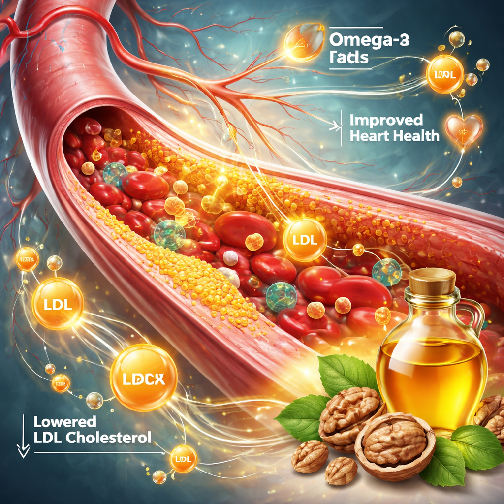 호두 오일의 오메가-3가 혈관 건강에 도움을 주어 깨끗한 혈류를 보여주는 과학적 이미지