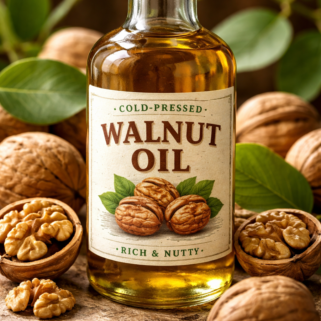 호두 오일 병과 호두, 잎사귀를 배경으로 한 고화질 실사 이미지