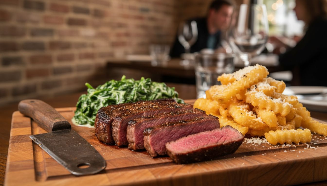 플랫 아이언 스테이크와 크림 스피니치, 트러플 파르메산 칩스가 함께 세팅된 접시