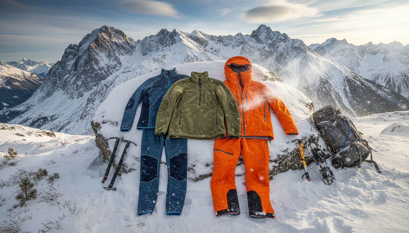 하이킹을 위한 베이스레이어, 플리스 미드레이어, 고어텍스 프로 하드쉘 아우터를 착용한 아웃도어 겨울 복장의 자연 속 모습