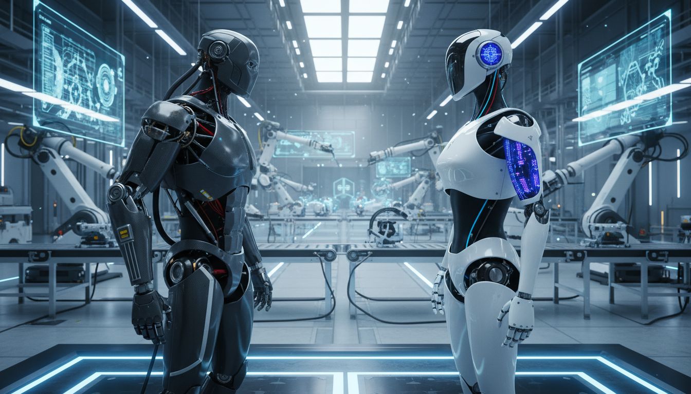 보스턴 다이나믹스 아틀라스와 테슬라 옵티머스가 미래형 산업 환경에서 대치하는 모습