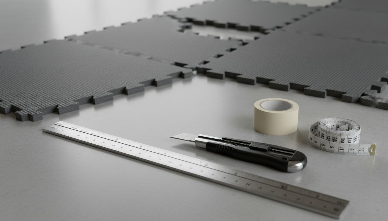 TPU 매트 셀프 시공을 위한 준비된 도구들과 퍼즐처럼 맞춰진 매트 일부를 보여주는 이미지