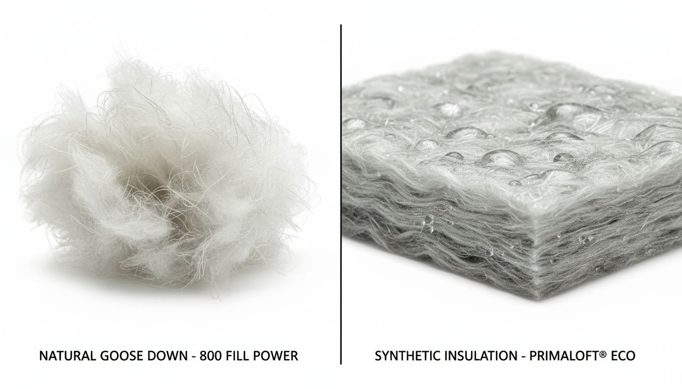 구스다운과 인공 충전재를 비교하는 겨울 패딩 충전재 클로즈업 실사 이미지