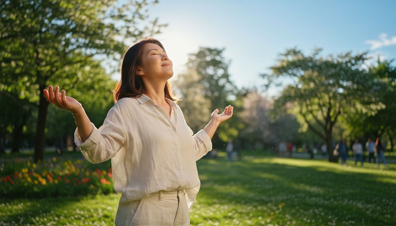 햇빛을 쬐며 비타민 D 합성을 하는 중년 여성의 모습