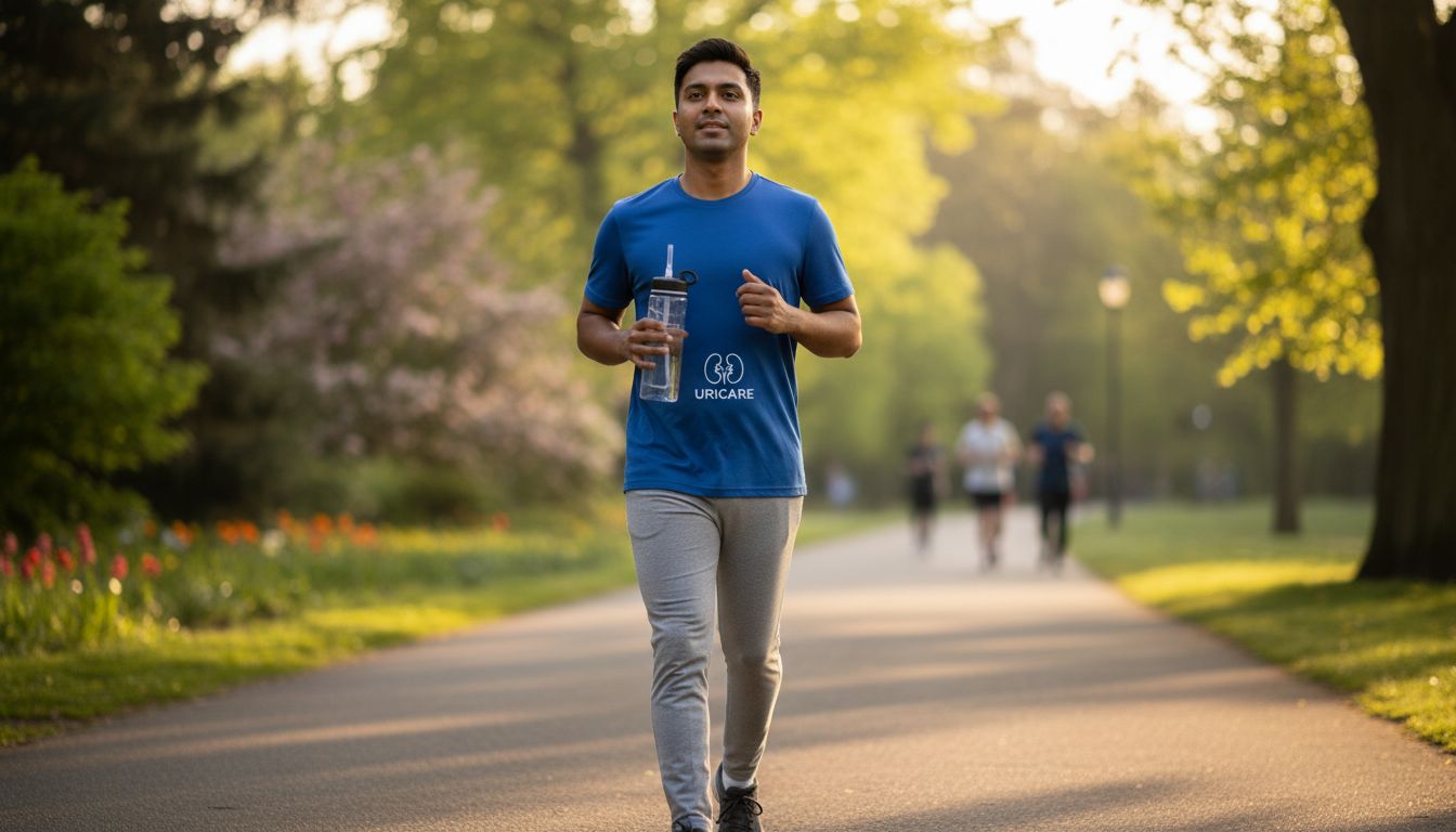 아침 햇살 아래에서 중강도 유산소 운동을 하는 사람의 모습, 손에 물병을 들고 있음