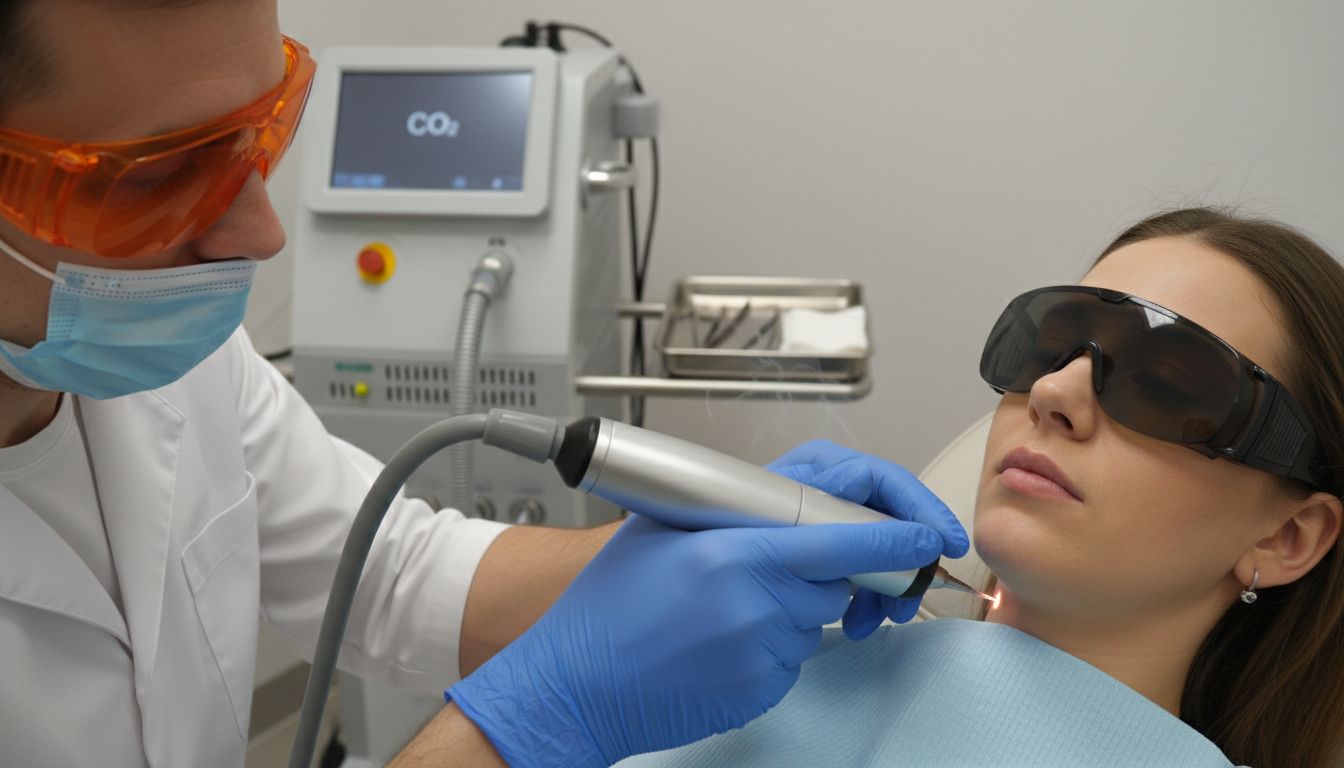 피부과에서 CO2 레이저로 쥐젖을 제거하는 장면의 고화질 실사 이미지