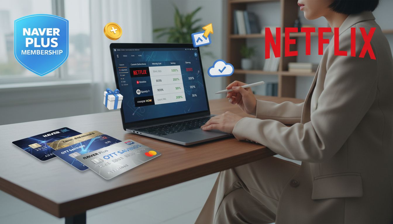 네이버 플러스 멤버십과 OTT 할인 카드 조합으로 넷플릭스 구독료 할인 극대화를 표현한 이미지