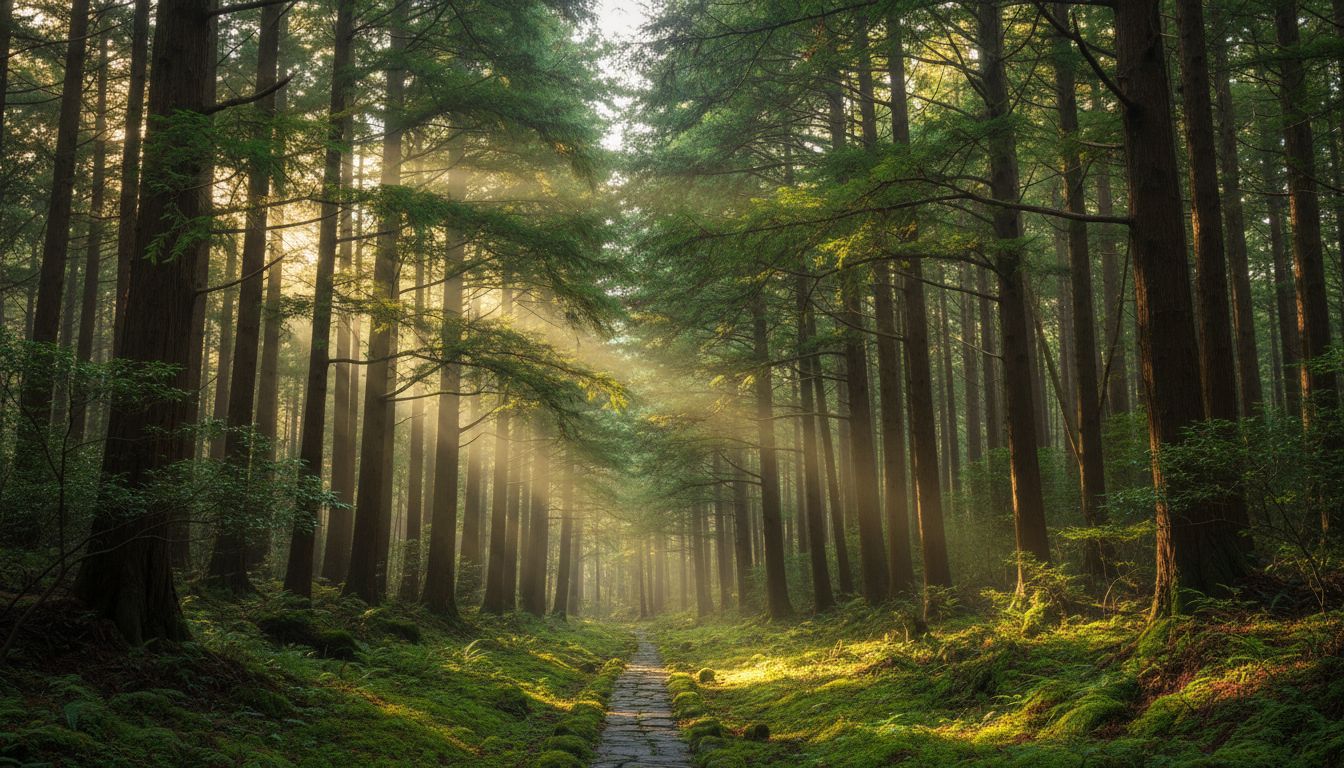 편백나무 숲의 고요하고 상쾌한 모습