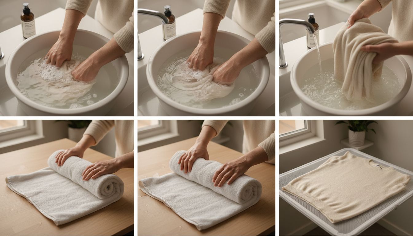 집에서 캐시미어 스웨터를 단계별로 손세탁하는 과정의 장면