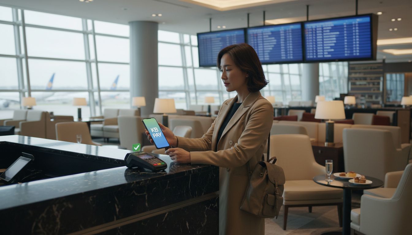 국제공항 라운지에서 KB페이로 결제하는 여행객과 고급 편의시설