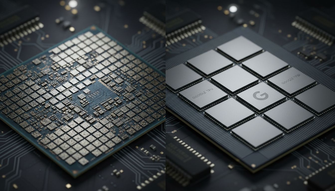 엔비디아 GPU와 구글 TPU 칩의 반도체 아키텍처를 상세히 나타낸 실사 이미지