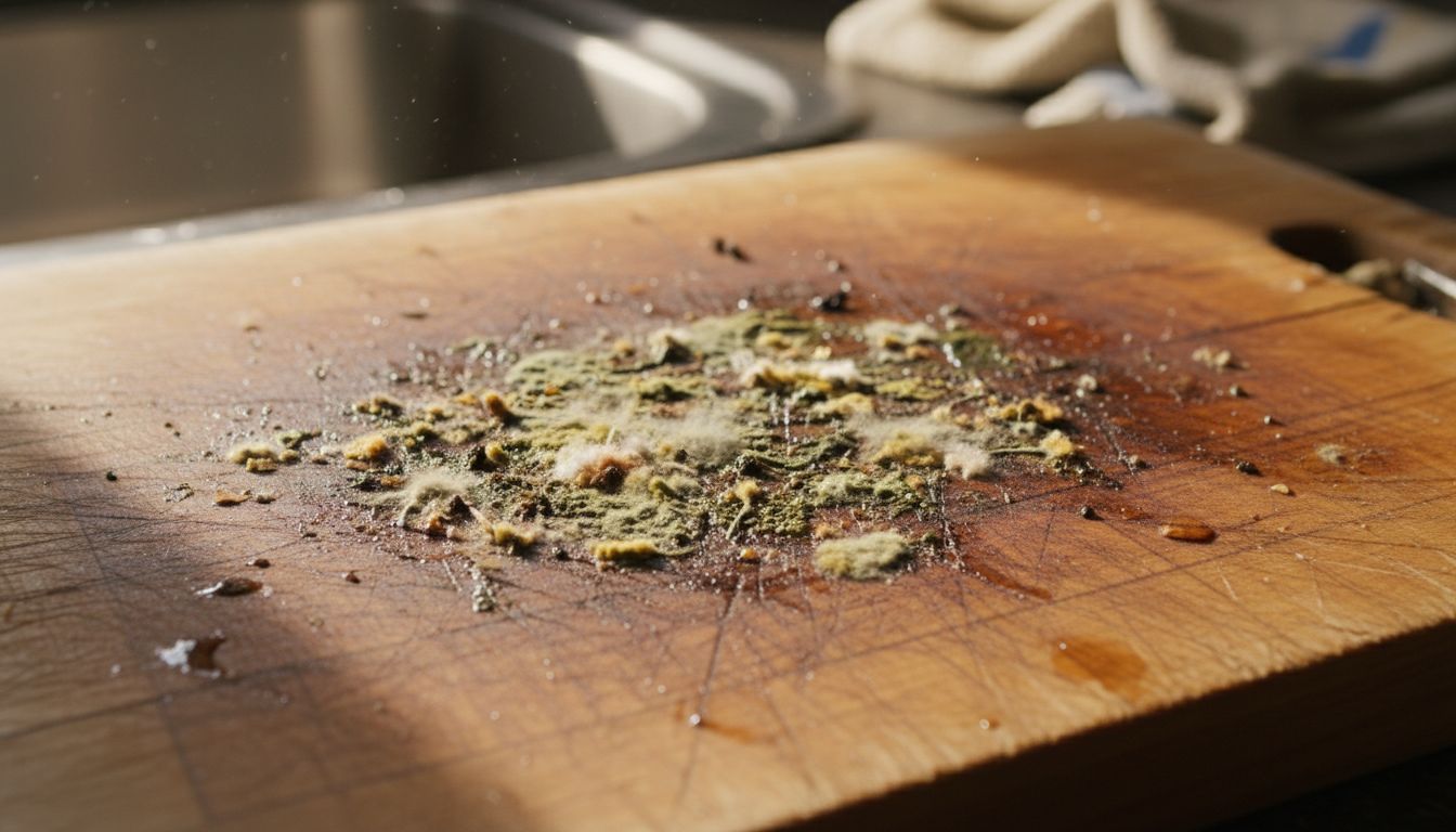 낡은 나무 도마의 깊은 칼자국과 그 안에 번식하는 박테리아를 실사 스타일로 표현한 이미지
