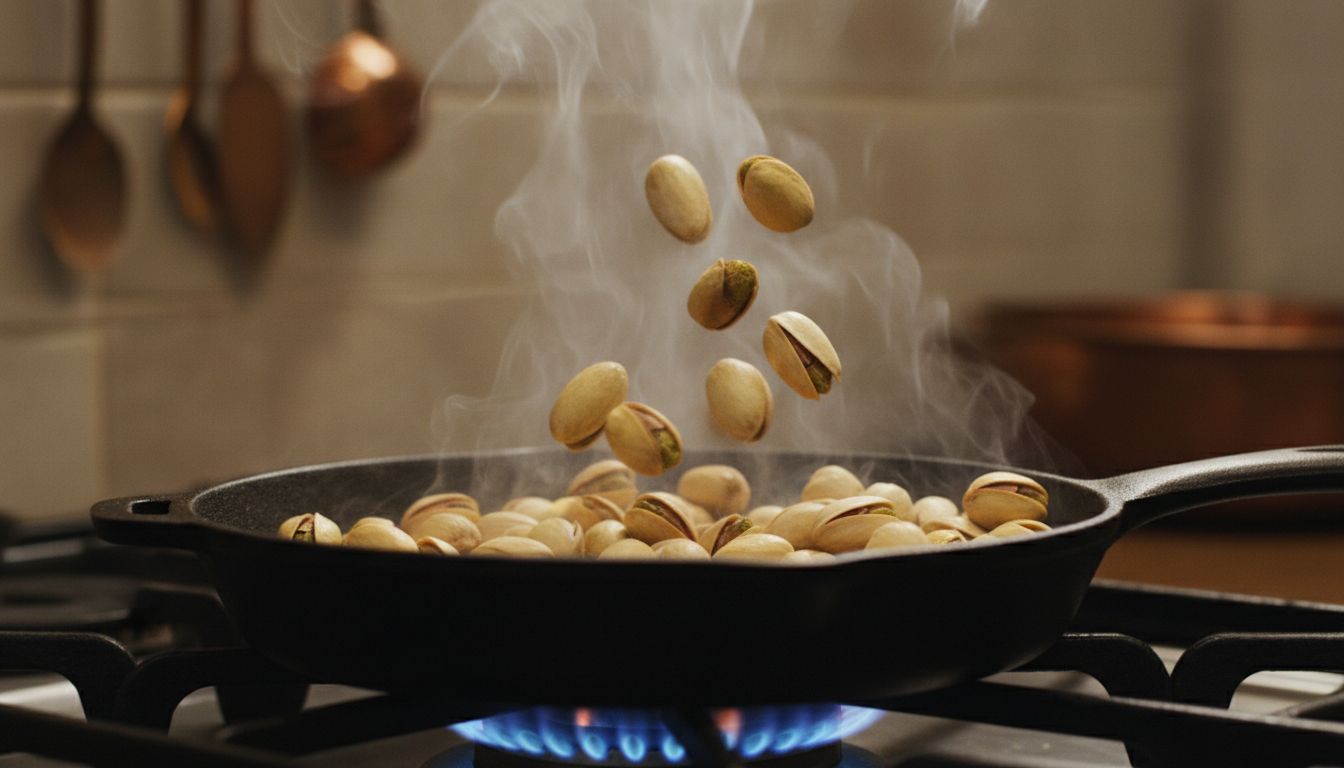 팬에 고소하게 볶아지는 피스타치오 견과류 모습