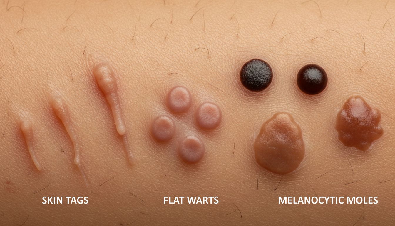 쥐젖, 편평사마귀, 점 등 여러 피부 돌기의 차이를 명확하게 보여주는 모습