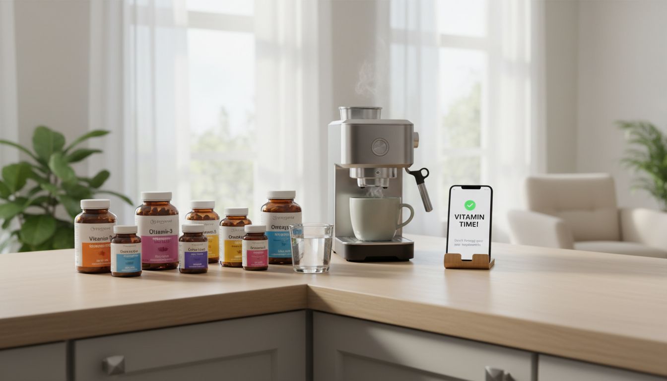 비타민 섭취를 위한 눈에 잘 보이는 비타민 존을 꾸민 주방 또는 거실 공간