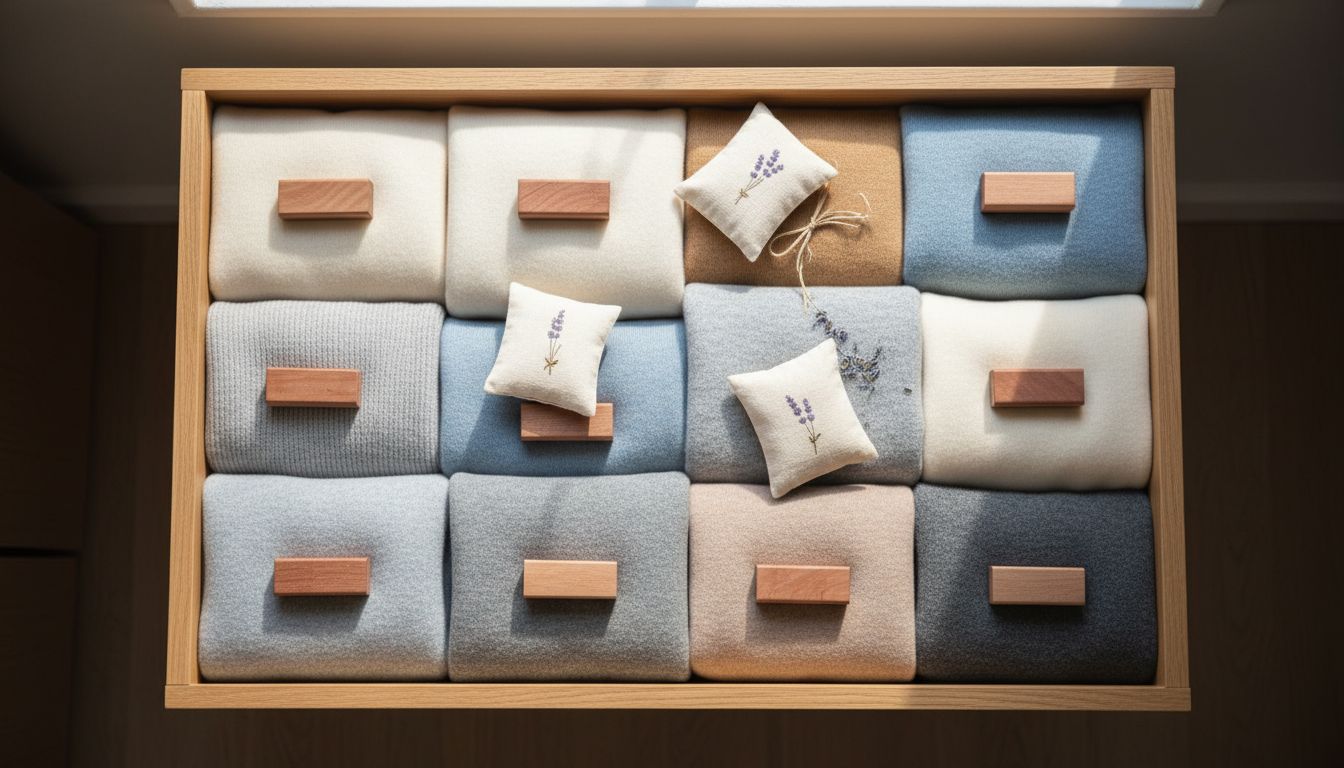 깔끔하게 접어 보관된 캐시미어 니트와 삼나무 블록, 라벤더 사셰 같은 천연 방충제를 함께 둔 옷장 서랍 사진
