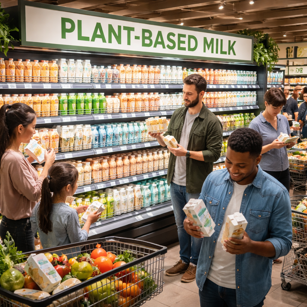현대적인 슈퍼마켓에서 식물성 우유를 고르는 소비자들과 다양한 식물성 우유 제품들이 진열된 모습