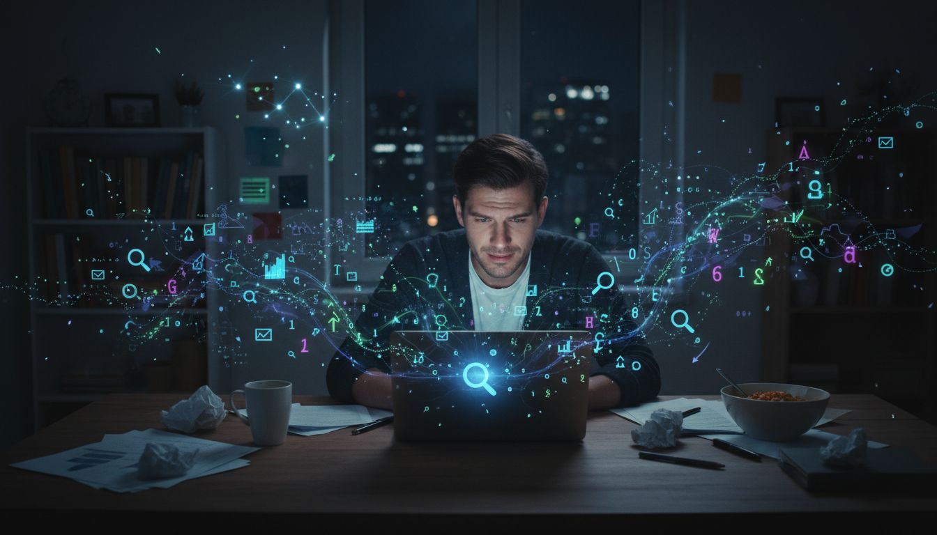 밤에 혼자 컴퓨터로 작업하는 블로거와 디지털 데이터 흐름이 보이는 모습, 온라인 상에서의 정보 홍수와 가시성 문제를 표현한 이미지
