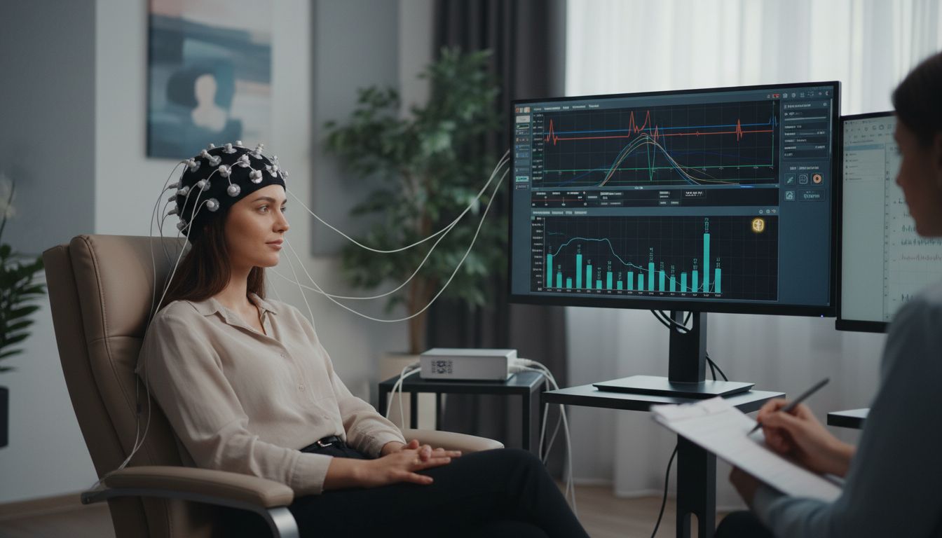 뉴로피드백 치료 과정에서 EEG 센서를 착용하고 컴퓨터 화면을 바라보는 환자의 모습