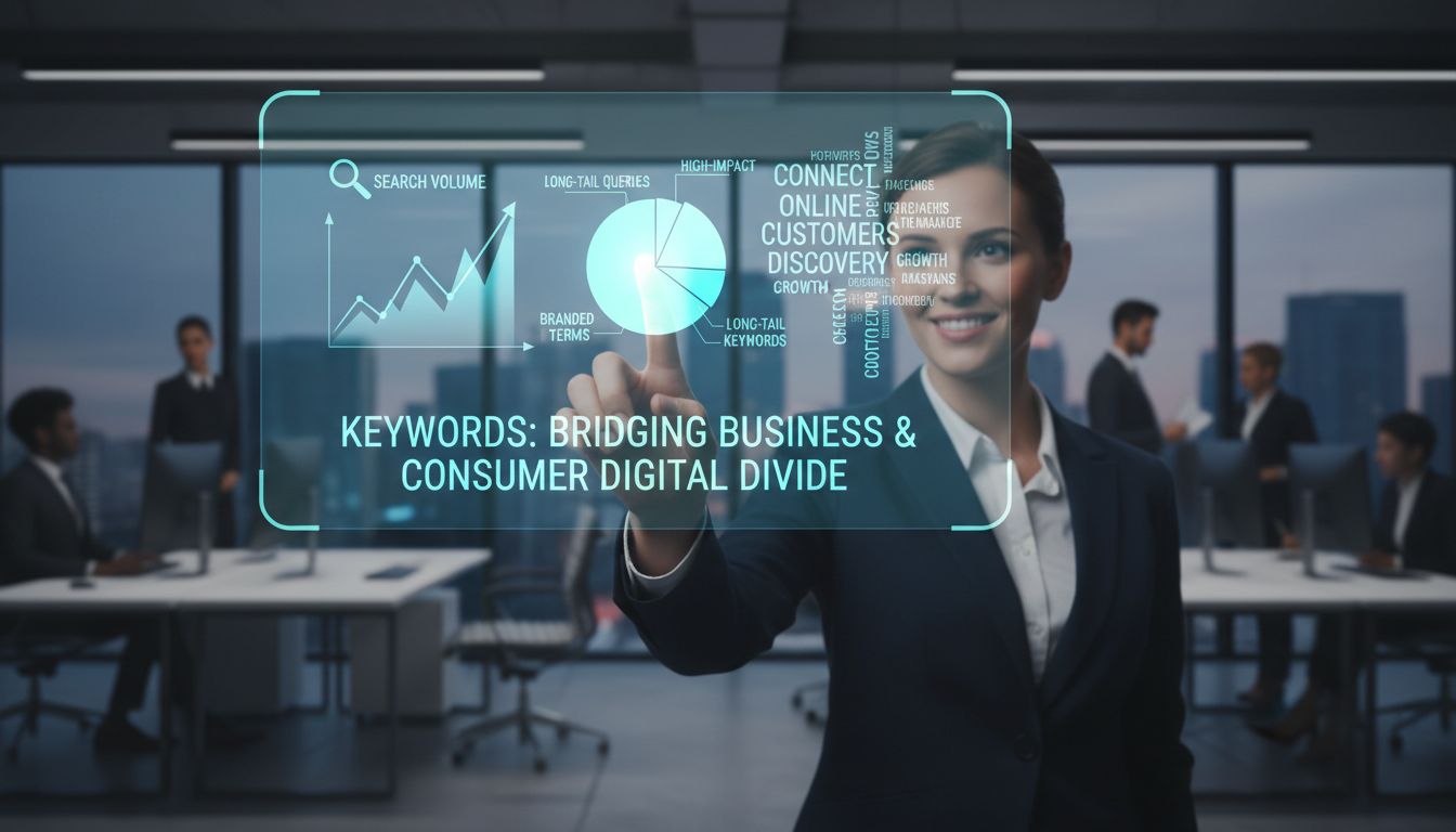 키워드가 고객과 비즈니스를 연결하는 모습을 보여주는 디지털 화면과 자신감 있는 비즈니스 사람의 사진
