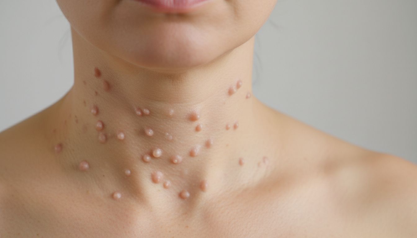 목과 얼굴에 보이는 쥐젖을 클로즈업한 고화질 사진