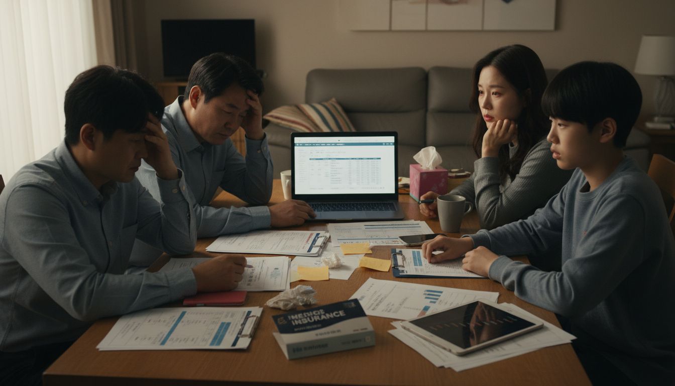 암 진단 후 가족들이 암보험에 대해 걱정하며 이야기하는 모습