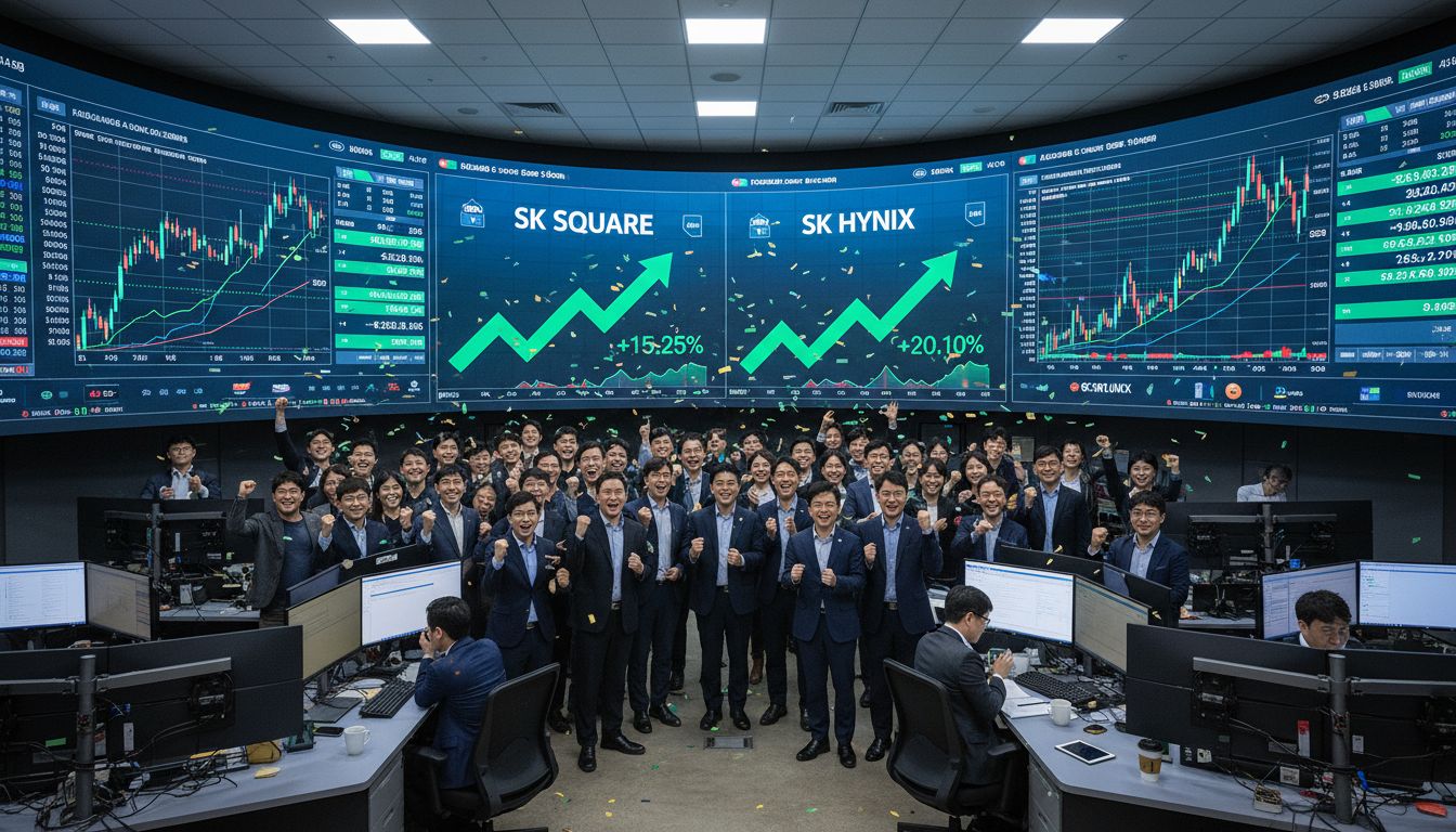 SK스퀘어와 SK하이닉스의 주가 급등을 표현한 주식 시장의 활기찬 현장