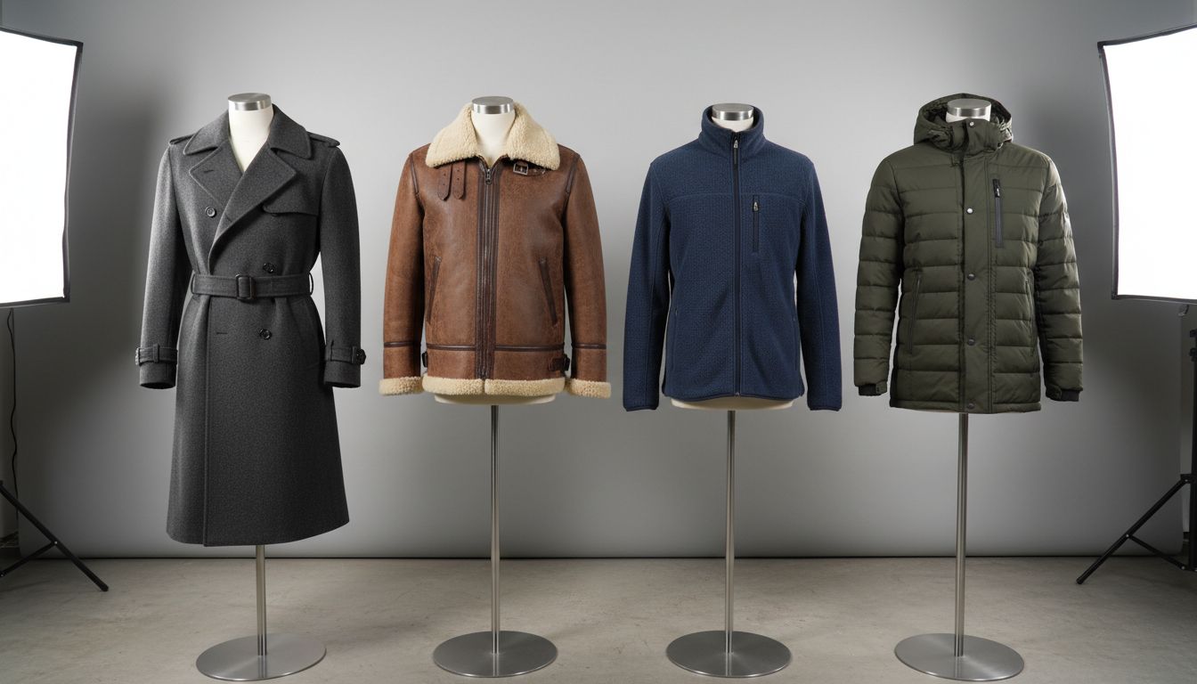 다양한 겨울 아우터 종류를 한눈에 보여주는 고화질 실사 이미지, 울 코트, 무스탕 재킷, 플리스 재킷, 패딩 포함