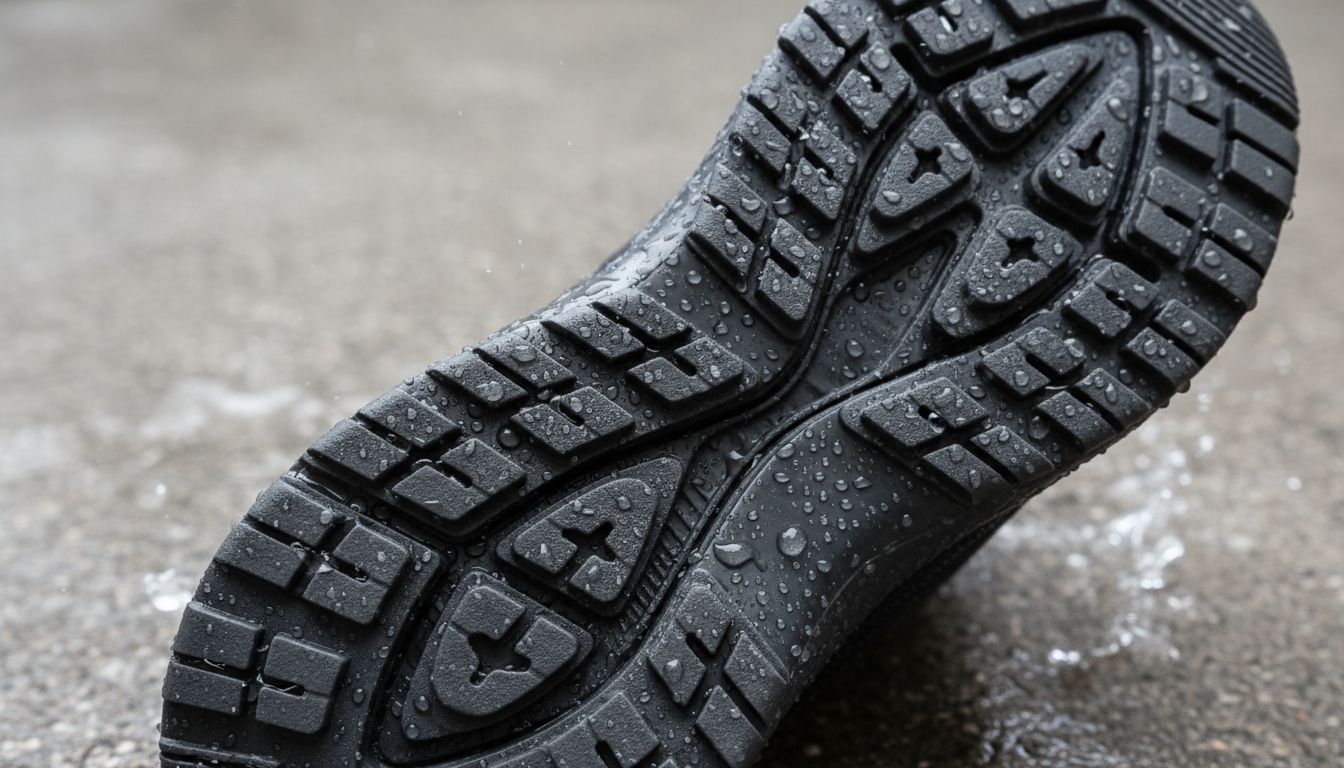물컹슈즈 2.0의 미끄럼 방지 특수 패턴 아웃솔 클로즈업 모습, 젖은 바닥 위에서 미끄럼 방지 기능을 강조하는 이미지