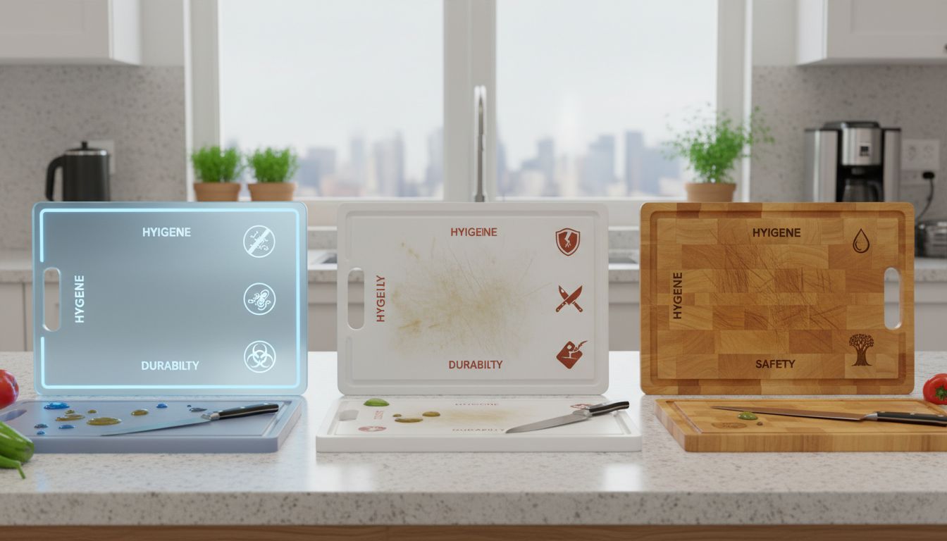 의료용 TPU, 플라스틱, 나무 도마의 위생성과 내구성, 안전성을 비교하는 이미지