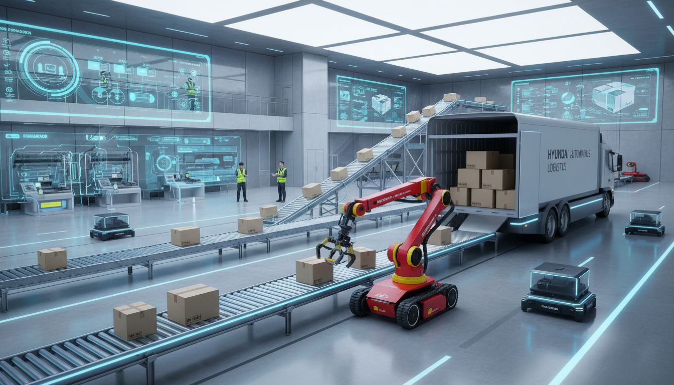 현대글로비스의 물류 혁신을 보여주는 스트레치 로봇이 스마트 물류센터에서 자율적으로 트럭에서 상자를 내리는 장면의 고화질 실사 이미지