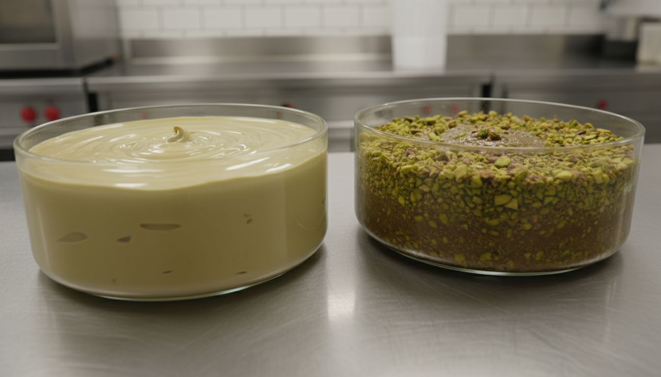 부드러운 타입과 크런치 타입 피스타치오 스프레드 질감 대비를 보여주는 클로즈업 이미지