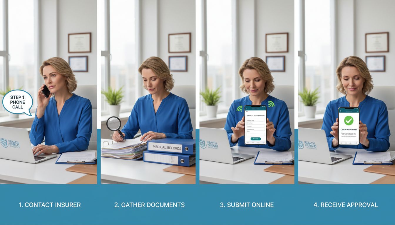 암 진단 후 보험금 청구 절차를 단계별로 보여주는 고화질 실사 이미지