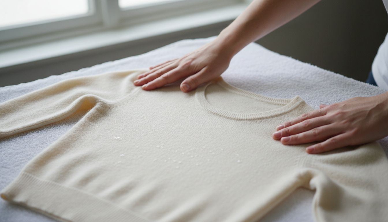 세탁 후 수건 위에 평평하게 펼쳐진 캐시미어 스웨터를 손으로 부드럽게 모양을 잡는 모습
