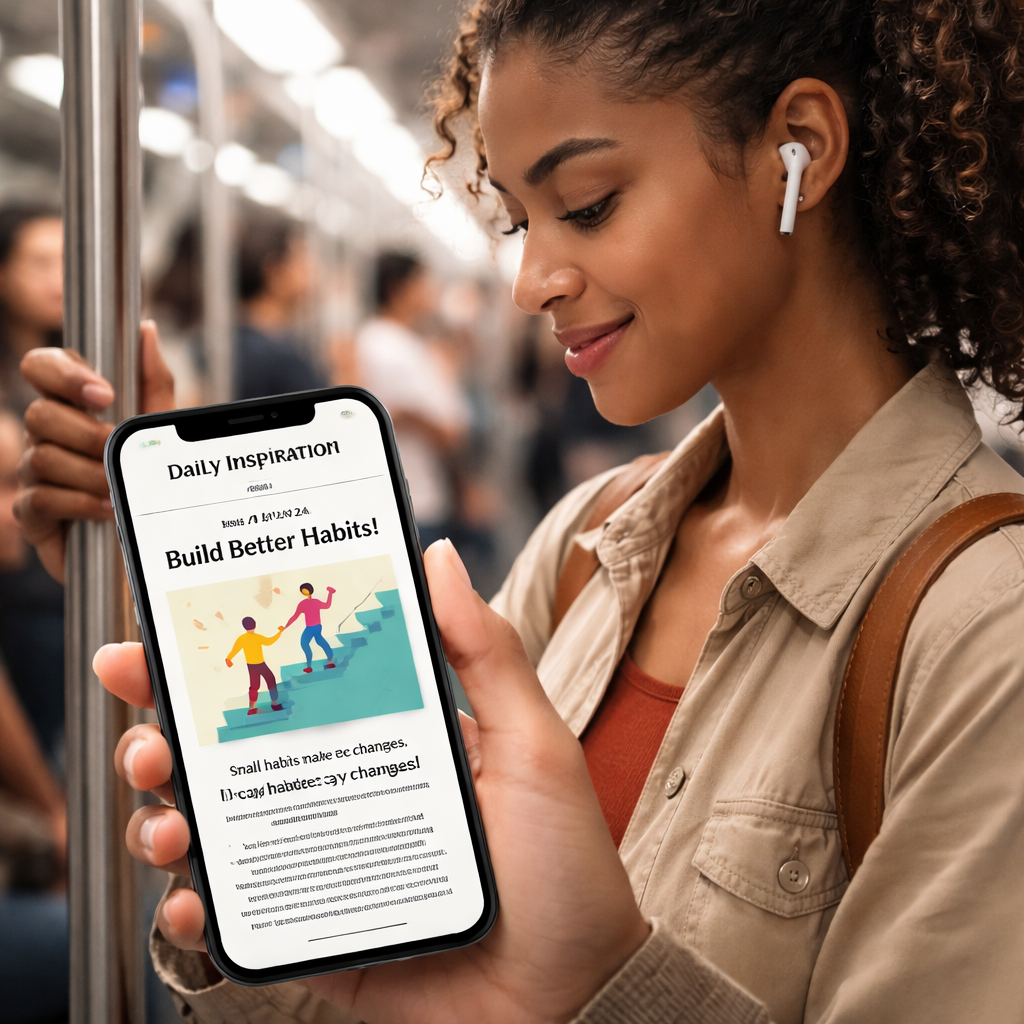 출근길 지하철에서 스마트폰으로 매일 영감을 주는 뉴스레터를 읽으며 학습 습관을 형성하는 모습