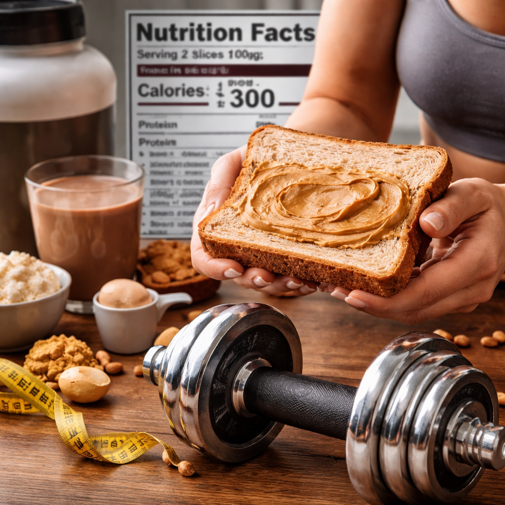땅콩버터 샌드위치를 들고 있고, 근육 생성과 단백질 섭취의 중요성을 강조하는 덤벨이 놓인 다이어트와 운동 이미지
