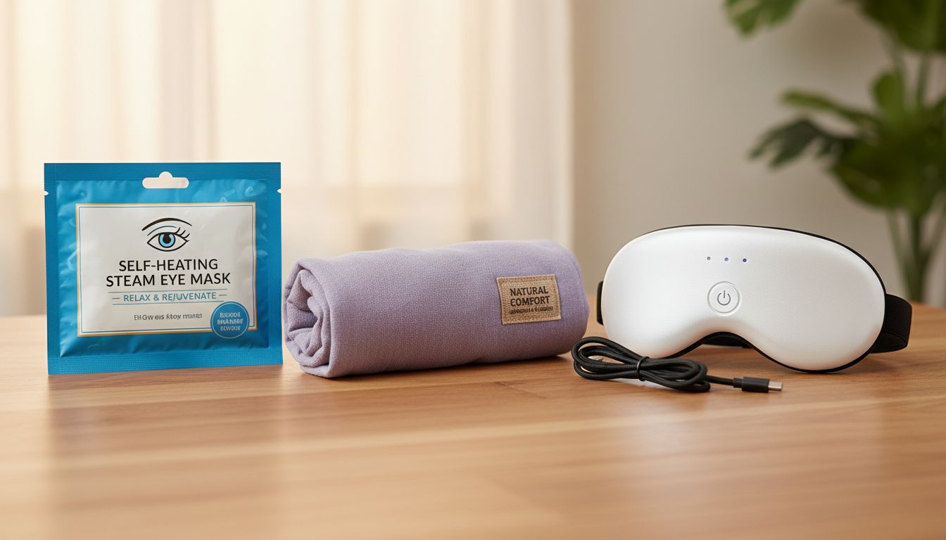 세 가지 타입별 눈 온열 찜질 제품(일회용, 전자레인지용, 전기식)을 나란히 보여주는 이미지