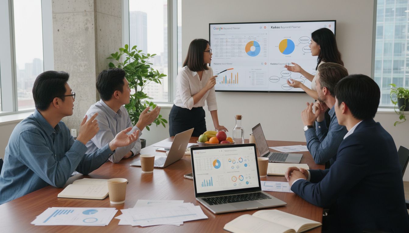 구글과 카카오 키워드 플래너 데이터를 함께 활용하는 전략을 논의하는 마케팅 팀의 전략 회의 장면