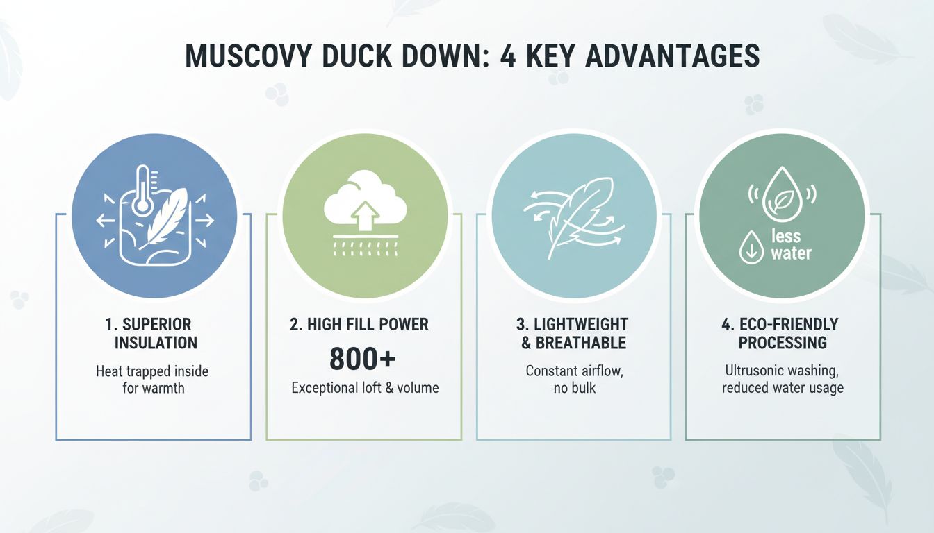 머스코비 덕 다운의 4가지 핵심 장점과 특징을 인포그래픽으로 시각화한 이미지