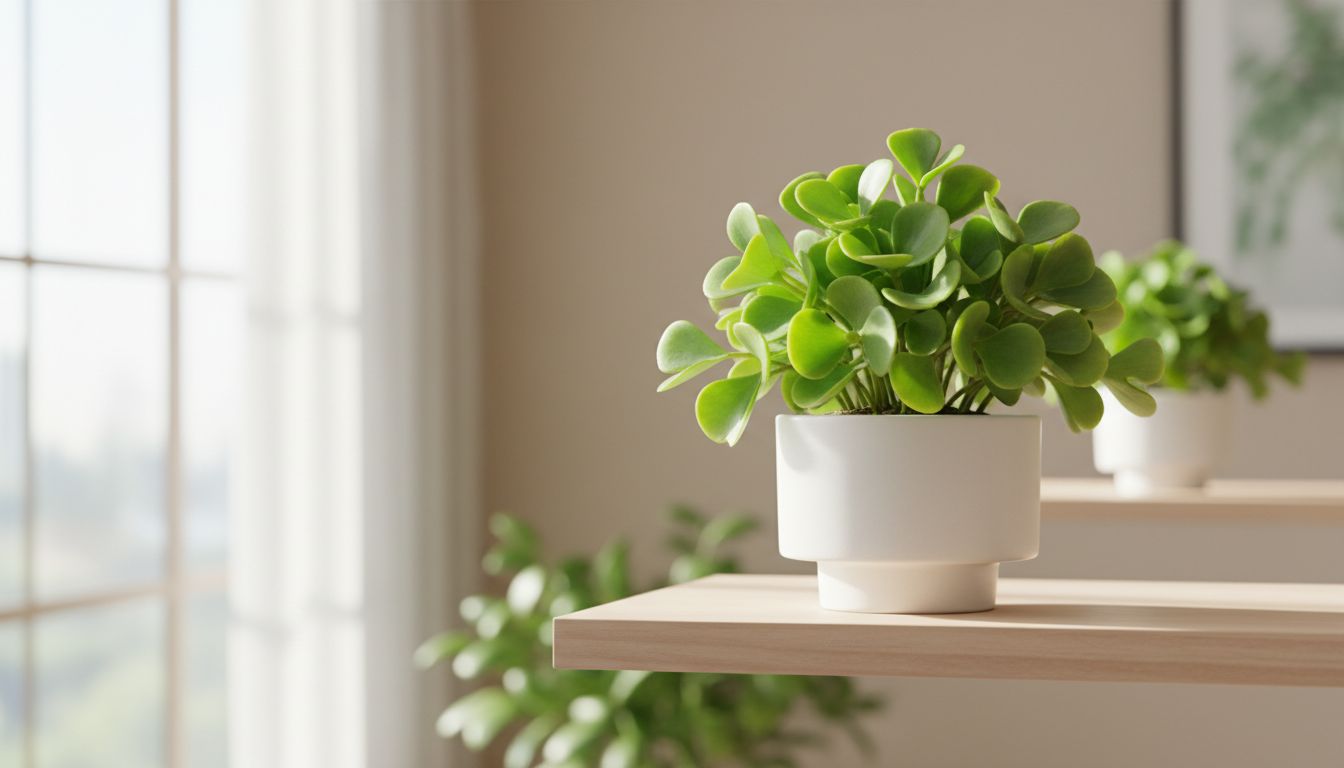 초보자용 청짜보 미니분재가 밝고 단정한 방 안 우드 선반 위에 세라믹 화분과 함께 놓여있는 모습