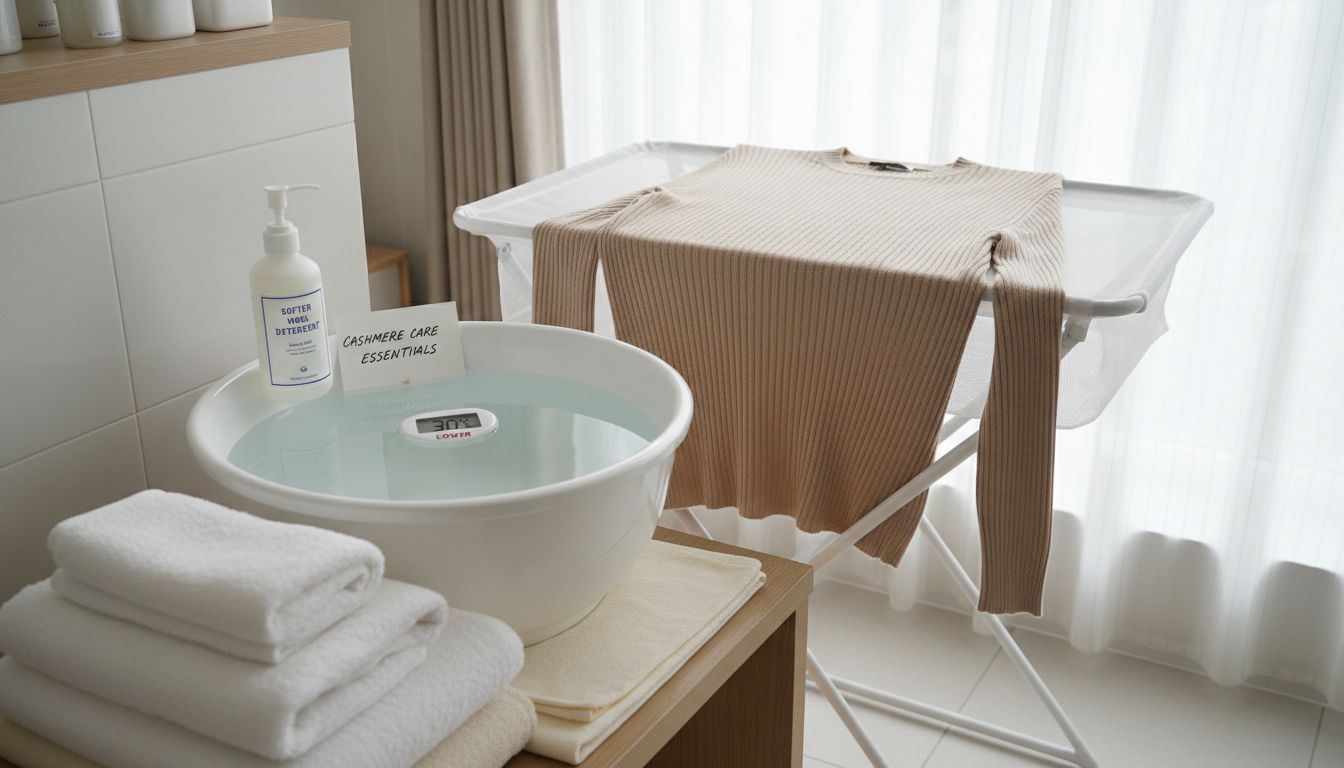 캐시미어 손세탁 준비물과 평평한 공간에 눕혀서 건조하는 모습의 실사 이미지