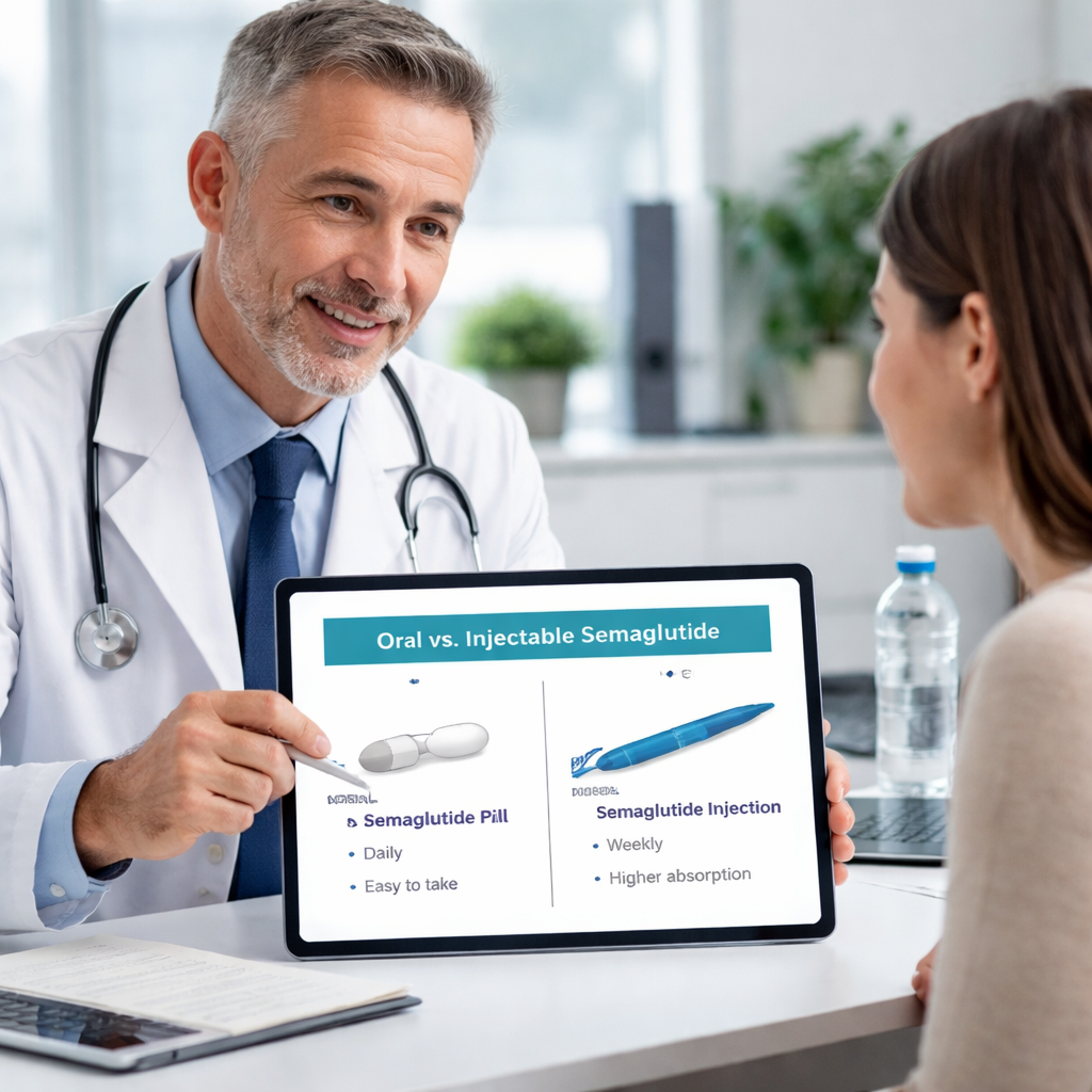 의사가 환자에게 먹는 위고비와 주사제 위고비의 차이점을 디지털 태블릿으로 설명하는 의료 상담 장면