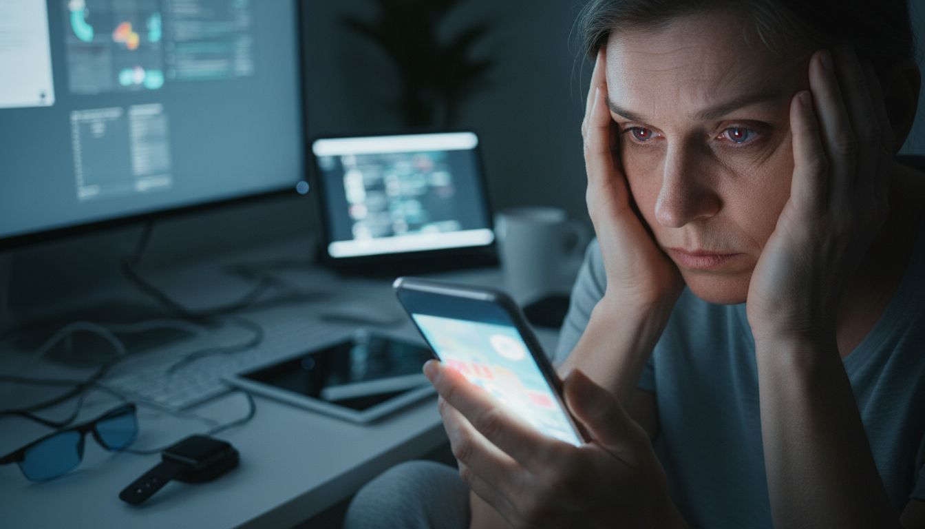 스마트폰을 사용하며 흐릿하고 피로한 눈을 가진 중장년층 사람의 모습