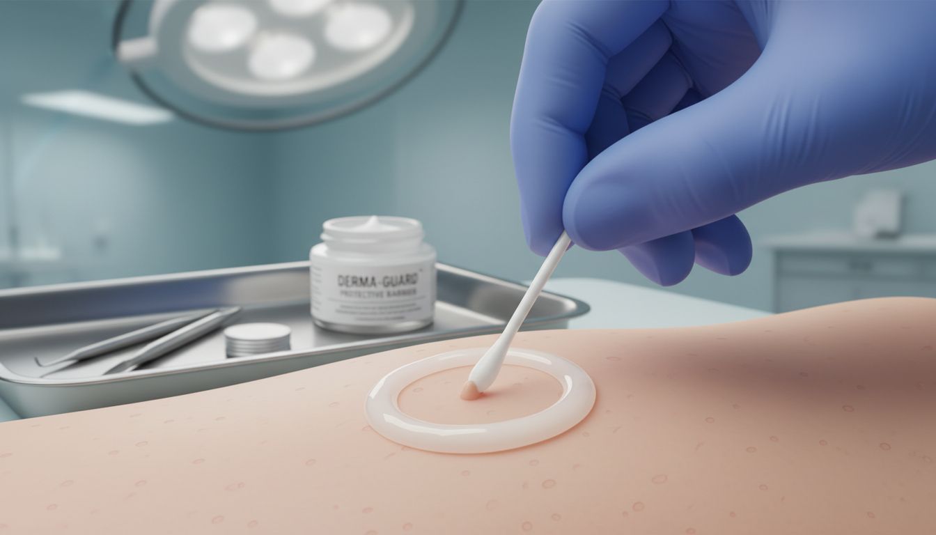 쥐젖 부위에 면봉으로 소량의 크림을 정밀하게 바르고 주변을 보호크림으로 감싸는 모습