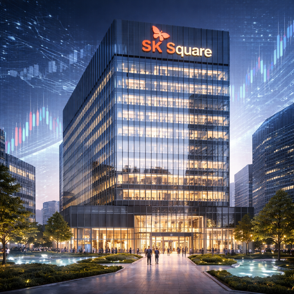 SK스퀘어의 기업 이미지와 반도체 관련 주가 상승을 표현하는 사무실 건물 이미지