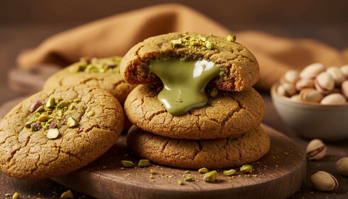 두바이 쫀득쿠키 모습, 쿠키 속 꾸덕한 피스타치오 크림이 흘러나오고 부순 피스타치오가 위에 뿌려져 있음