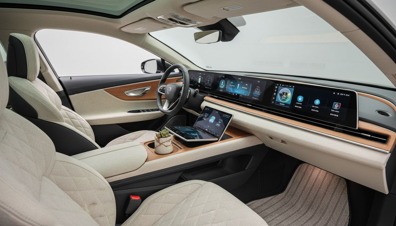 루시드 에어의 고급 친환경 소재로 꾸며진 넓고 우아한 실내 공간과 34인치 5K 커브드 글래스 콕핏 디스플레이를 보여주는 장면