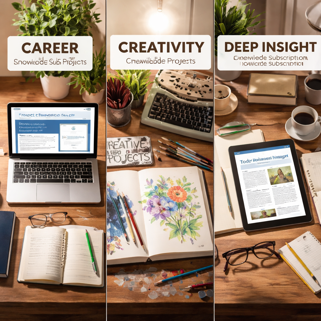 직무역량 강화, 창의적 취미 활동, 인사이트 탐색 등 목적별 지식 구독 플랫폼 유형을 보여주는 책상 위 이미지