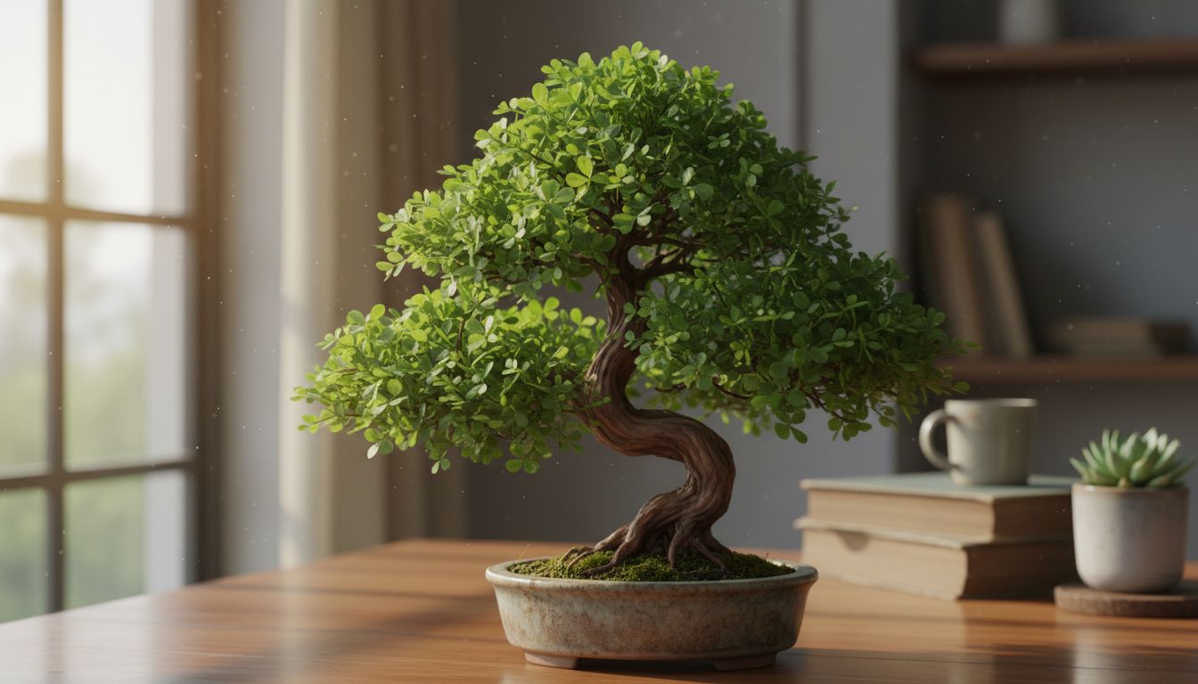 초록 잎이 풍성한 건강한 청짜보 미니 분재가 책상 위 창가 옆에 놓여 있는 모습