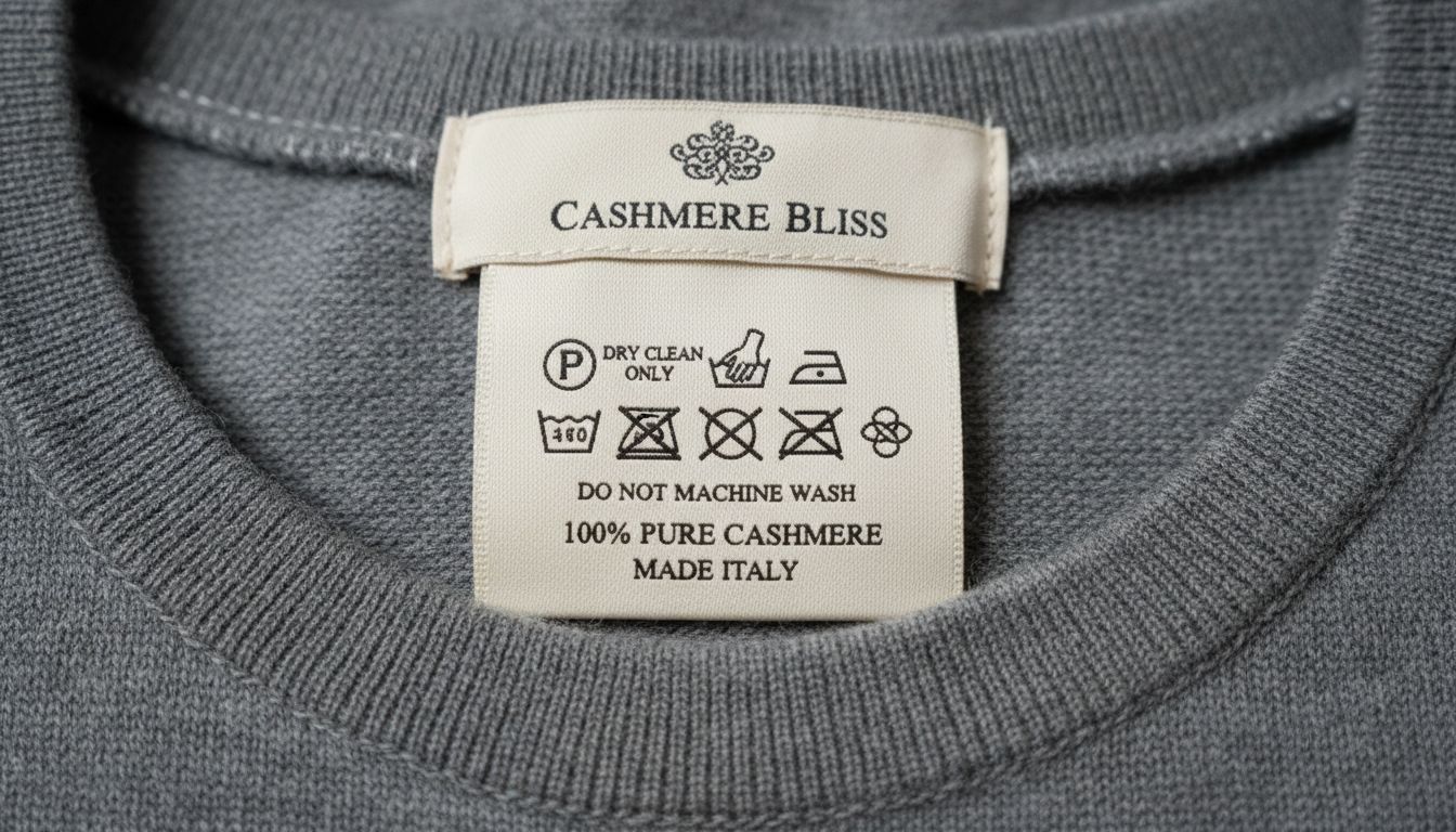 캐시미어 스웨터 안쪽에 있는 세탁 라벨의 클로즈업 모습, 드라이클리닝 전용과 손세탁 기호가 선명하게 보임